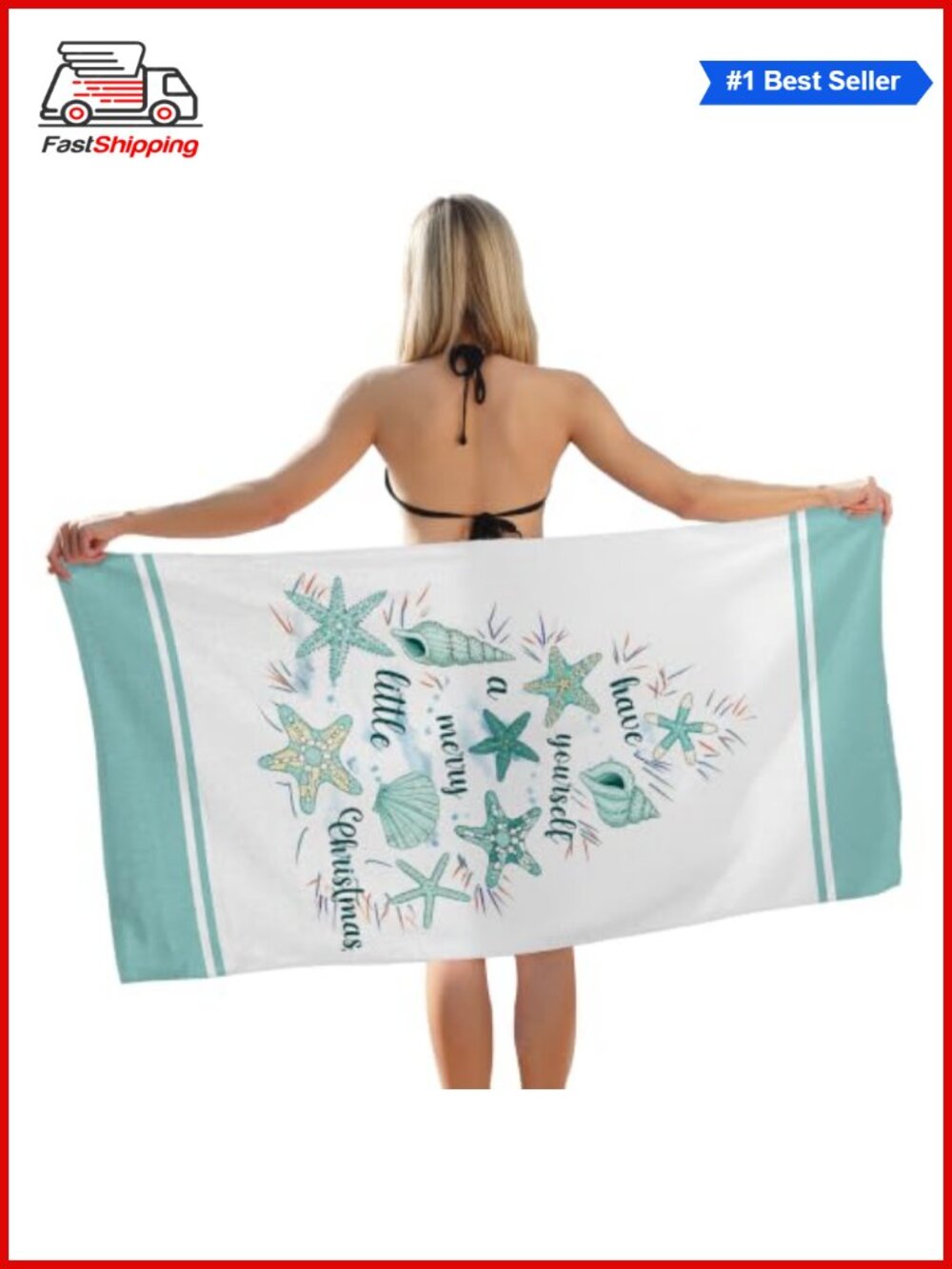 🎅 Coastal Christmas Beach Towel Xmas Starfish Seashell Bath Pool Towel